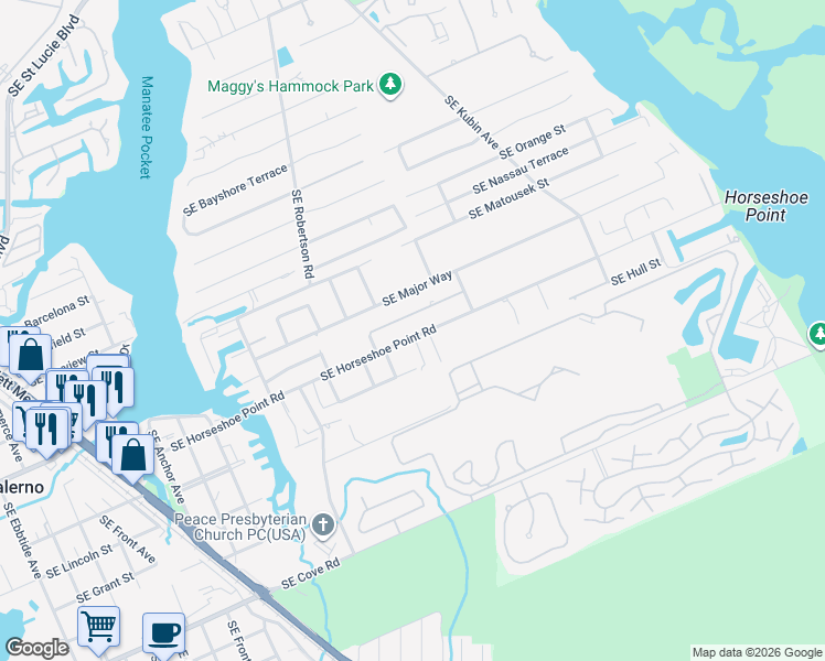 map of restaurants, bars, coffee shops, grocery stores, and more near 5214 Southeast Tall Pines Way in Stuart