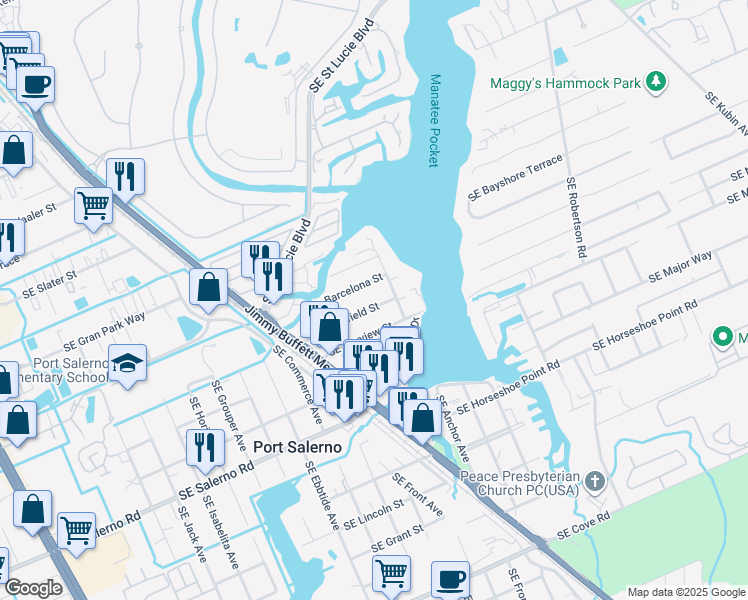 map of restaurants, bars, coffee shops, grocery stores, and more near 4215 Southeast Westfield Street in Stuart