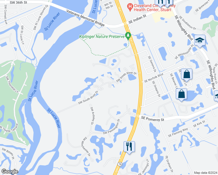 map of restaurants, bars, coffee shops, grocery stores, and more near 510 Southwest South River Drive in Stuart