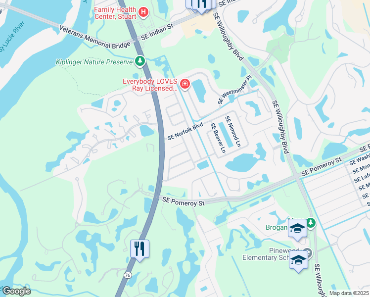 map of restaurants, bars, coffee shops, grocery stores, and more near 4570 Southeast Ontario Drive in Stuart