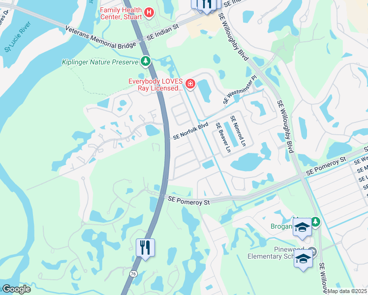 map of restaurants, bars, coffee shops, grocery stores, and more near 4570 Southeast Ontario Drive in Stuart