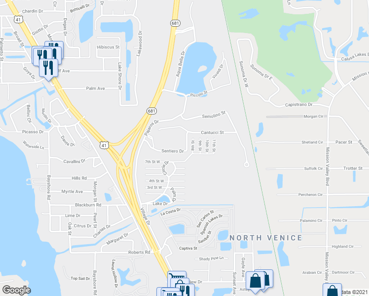 map of restaurants, bars, coffee shops, grocery stores, and more near 5556 Sentiero Drive in Nokomis