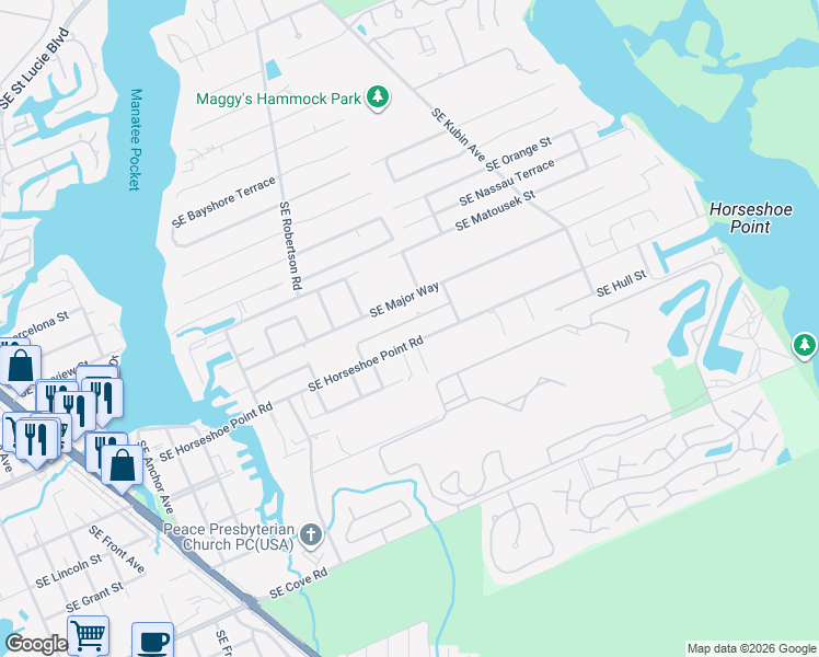 map of restaurants, bars, coffee shops, grocery stores, and more near 5214 Southeast Tall Pines Way in Stuart