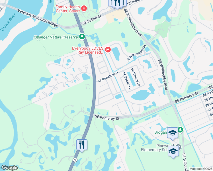 map of restaurants, bars, coffee shops, grocery stores, and more near 66 Southeast Erie Terrace in Stuart