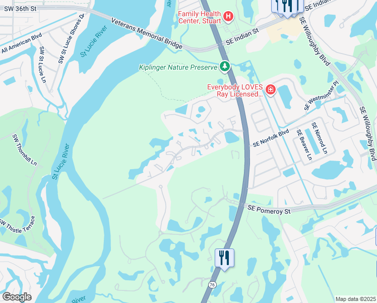 map of restaurants, bars, coffee shops, grocery stores, and more near 510 Southwest South River Drive in Stuart