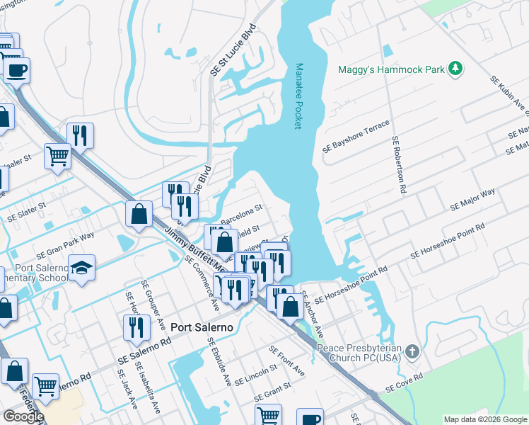 map of restaurants, bars, coffee shops, grocery stores, and more near 4215 Southeast Westfield Street in Stuart