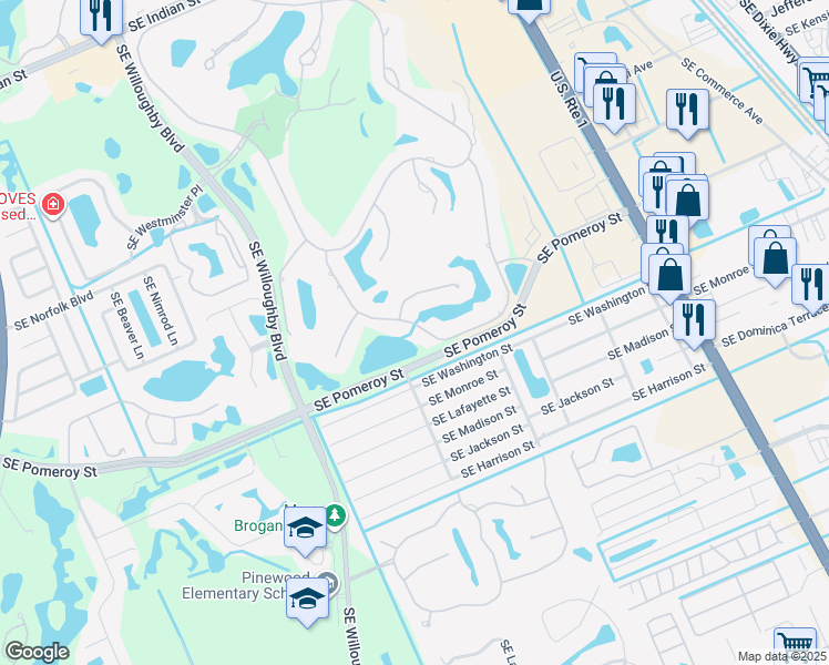 map of restaurants, bars, coffee shops, grocery stores, and more near 4506 Southeast Waterford Drive in Stuart