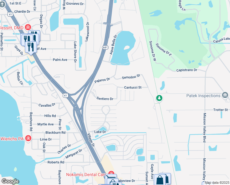 map of restaurants, bars, coffee shops, grocery stores, and more near 5556 Sentiero Drive in Nokomis
