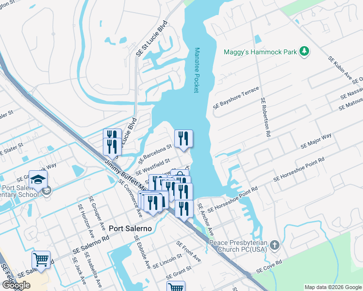 map of restaurants, bars, coffee shops, grocery stores, and more near 4307 Southeast Bayview Street in Stuart