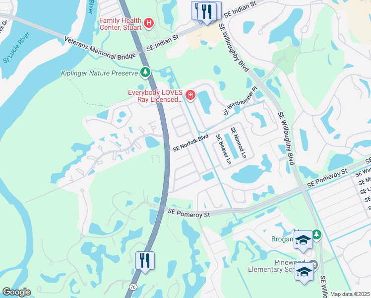 map of restaurants, bars, coffee shops, grocery stores, and more near 123 Southeast Norfolk Boulevard in Stuart