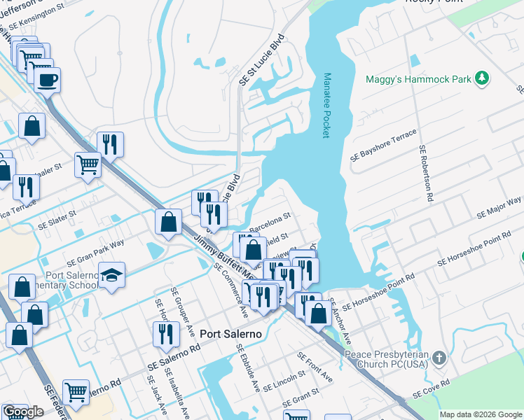 map of restaurants, bars, coffee shops, grocery stores, and more near 4095 Southeast Paul Terrace in Stuart