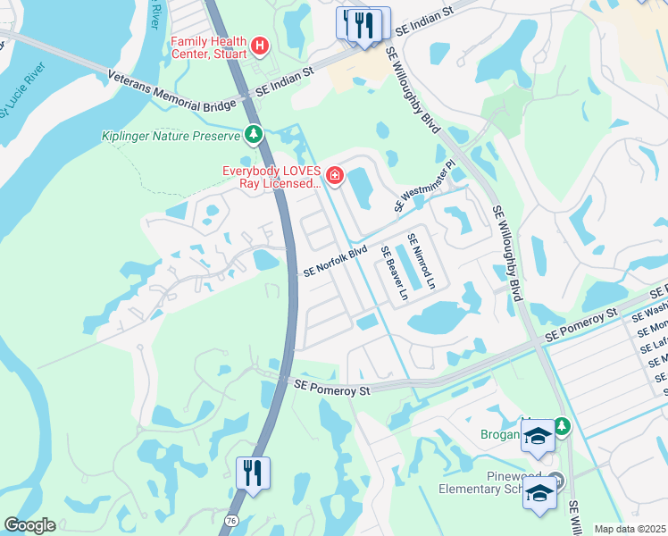 map of restaurants, bars, coffee shops, grocery stores, and more near 123 Southeast Norfolk Boulevard in Stuart