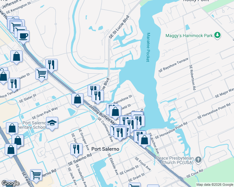 map of restaurants, bars, coffee shops, grocery stores, and more near 4095 Southeast Paul Terrace in Stuart