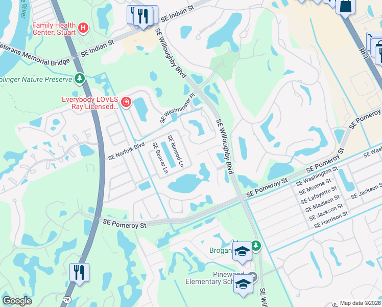 map of restaurants, bars, coffee shops, grocery stores, and more near 1481 Southeast Tidewater Place in Stuart
