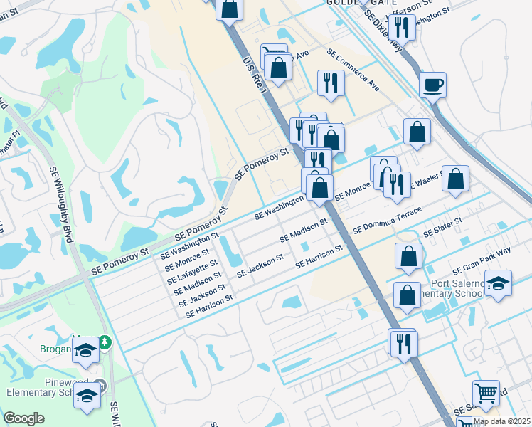 map of restaurants, bars, coffee shops, grocery stores, and more near 2383 Southeast Washington Street in Stuart
