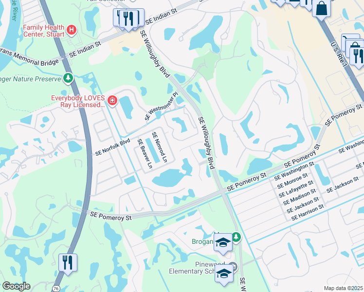 map of restaurants, bars, coffee shops, grocery stores, and more near 1481 Southeast Tidewater Place in Stuart