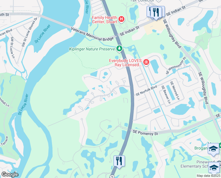 map of restaurants, bars, coffee shops, grocery stores, and more near 330 Southwest South River Drive in Stuart