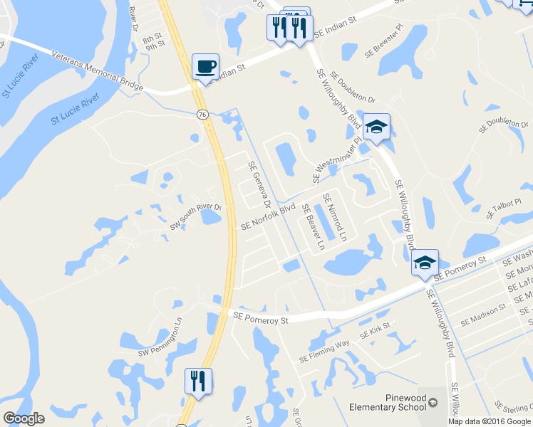 map of restaurants, bars, coffee shops, grocery stores, and more near 123 Southeast Norfolk Boulevard in Stuart