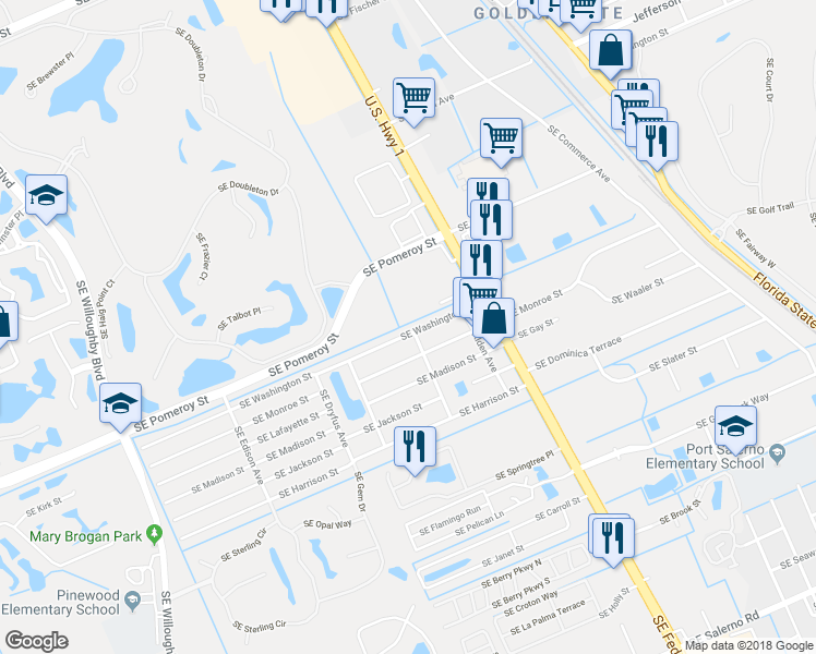 map of restaurants, bars, coffee shops, grocery stores, and more near 2383 Southeast Washington Street in Stuart