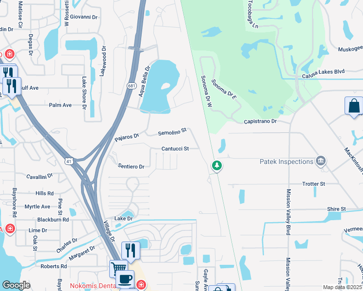 map of restaurants, bars, coffee shops, grocery stores, and more near 5640 Cantucci Street in Nokomis