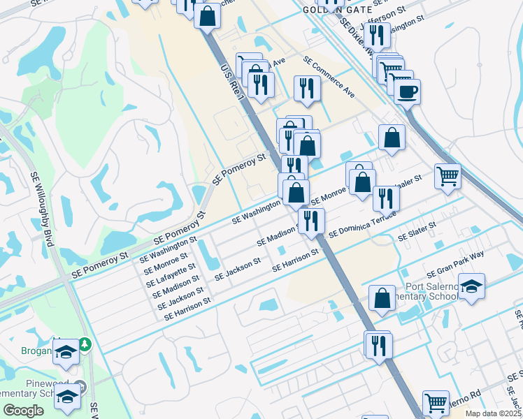 map of restaurants, bars, coffee shops, grocery stores, and more near 2383 Southeast Washington Street in Stuart