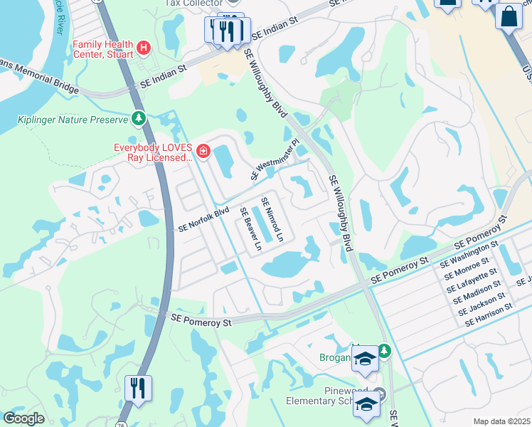 map of restaurants, bars, coffee shops, grocery stores, and more near 4445 Southeast Beaver Lane in Stuart