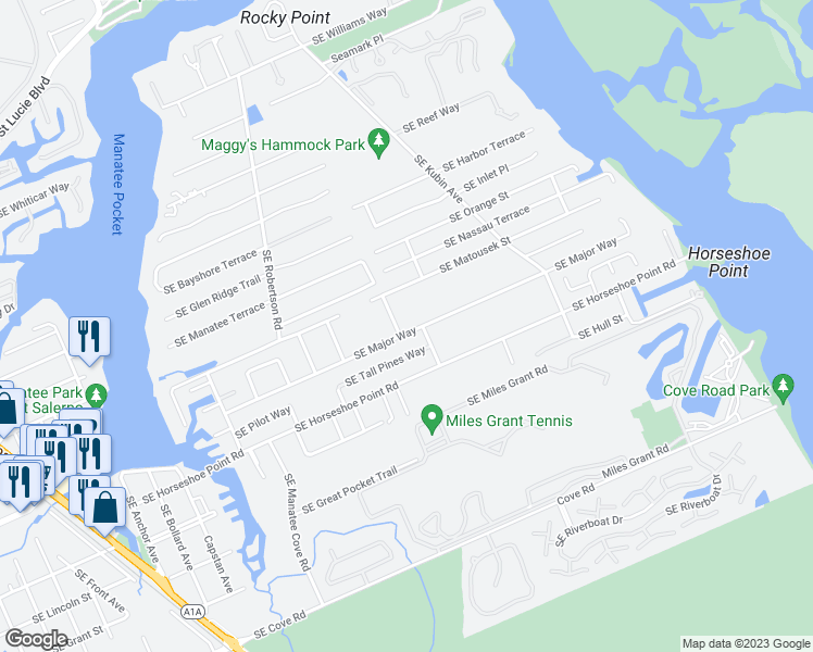 map of restaurants, bars, coffee shops, grocery stores, and more near 5107 Southeast Major Way in Stuart
