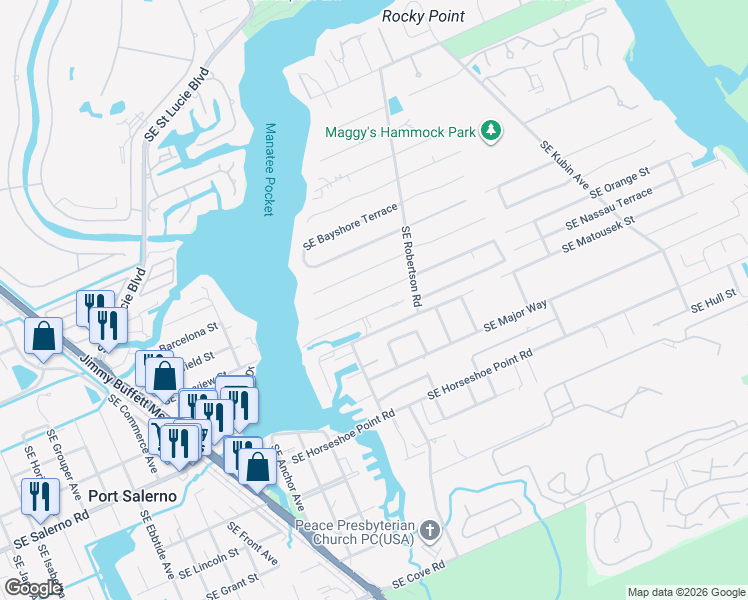 map of restaurants, bars, coffee shops, grocery stores, and more near 4736 Southeast Manatee Terrace in Stuart