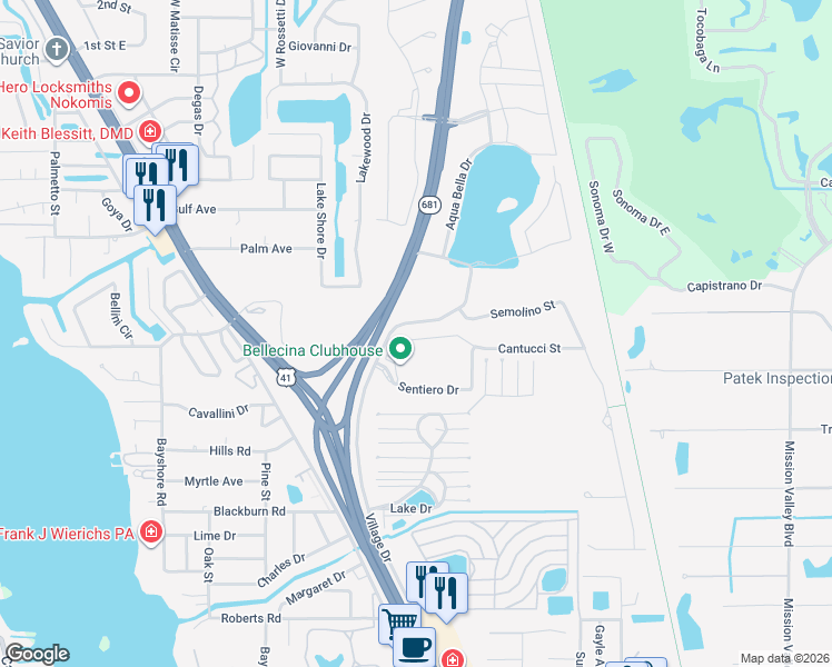 map of restaurants, bars, coffee shops, grocery stores, and more near 5517 Cantucci Street in Nokomis