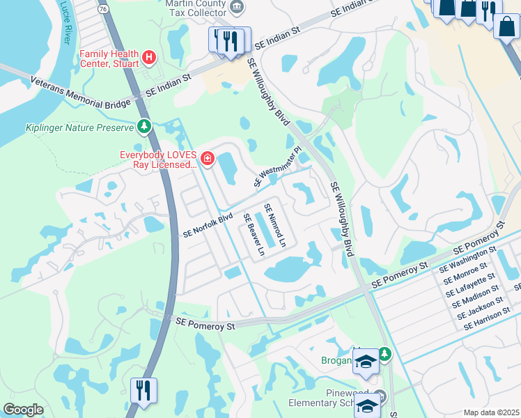 map of restaurants, bars, coffee shops, grocery stores, and more near 4445 Southeast Beaver Lane in Stuart