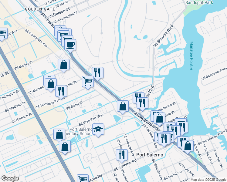 map of restaurants, bars, coffee shops, grocery stores, and more near 191 Anchor Avenue in Stuart