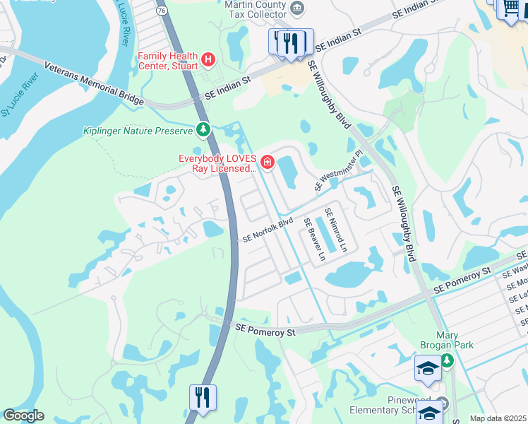 map of restaurants, bars, coffee shops, grocery stores, and more near 4470 Southeast Geneva Drive in Stuart