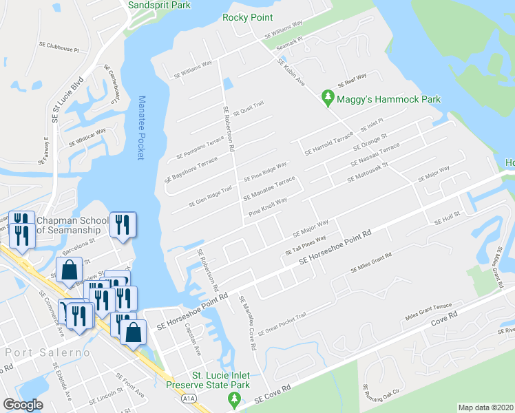 map of restaurants, bars, coffee shops, grocery stores, and more near 4953 Southeast Pine Knoll Way in Stuart