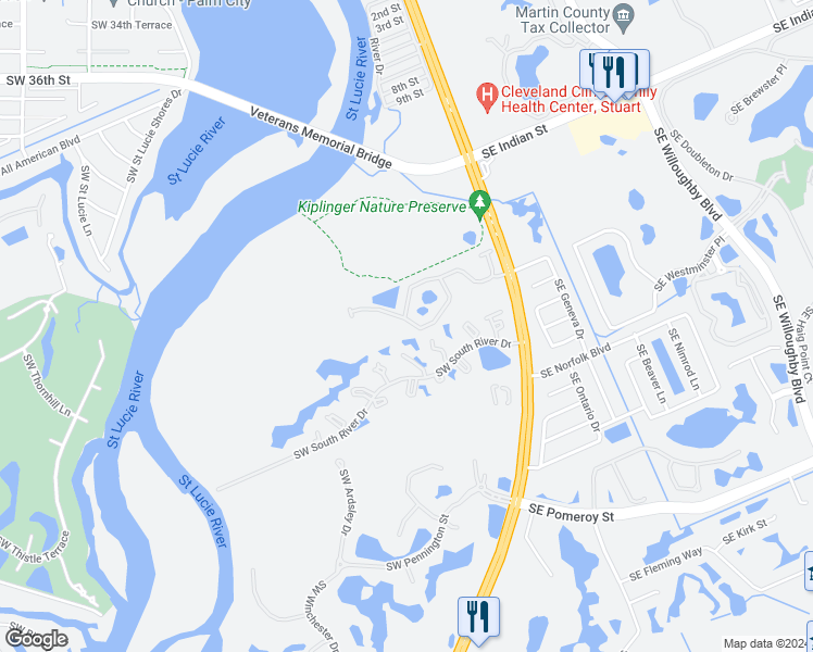 map of restaurants, bars, coffee shops, grocery stores, and more near 266 Southwest Walking Path in Stuart
