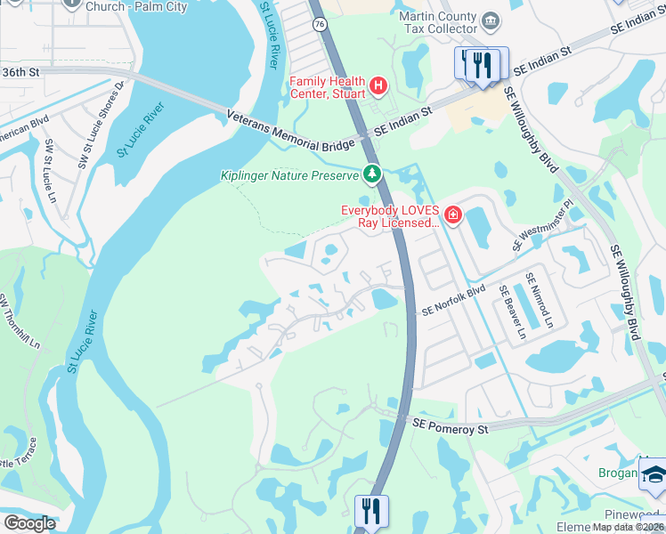 map of restaurants, bars, coffee shops, grocery stores, and more near 203 Southwest Walking Path in Stuart