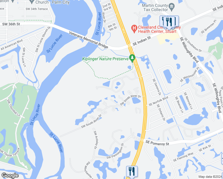map of restaurants, bars, coffee shops, grocery stores, and more near 271 Southwest Walking Path in Stuart