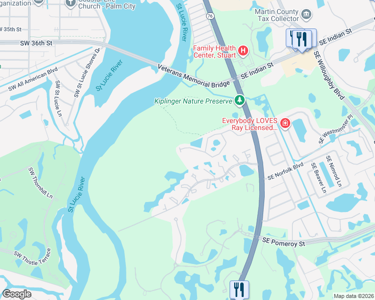 map of restaurants, bars, coffee shops, grocery stores, and more near 427 Southwest Walking Path in Stuart
