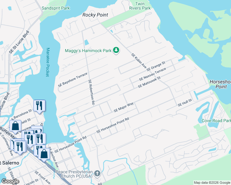 map of restaurants, bars, coffee shops, grocery stores, and more near 4914 Southeast Pine Knoll Way in Stuart