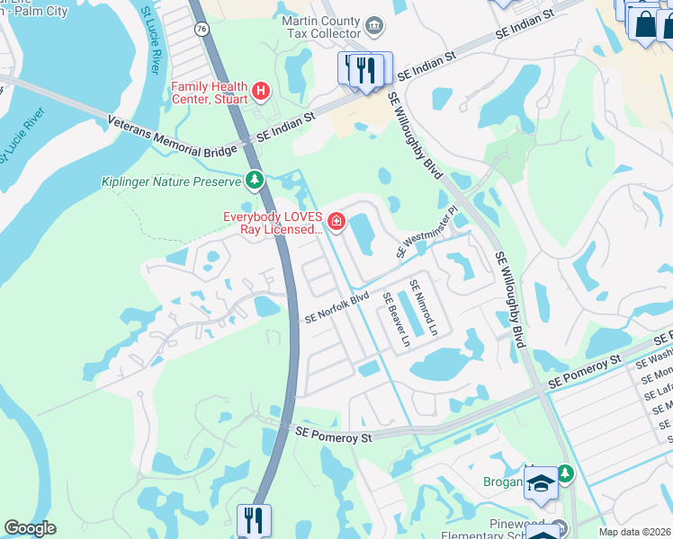 map of restaurants, bars, coffee shops, grocery stores, and more near 4391 Southeast Geneva Drive in Stuart