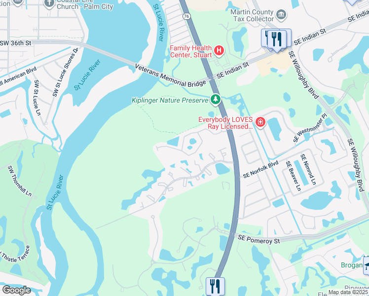 map of restaurants, bars, coffee shops, grocery stores, and more near 332 Southwest Otter Run Place in Stuart