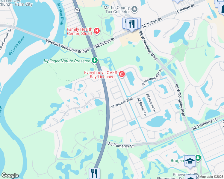 map of restaurants, bars, coffee shops, grocery stores, and more near 4329 Southeast Hamilton Lane in Stuart