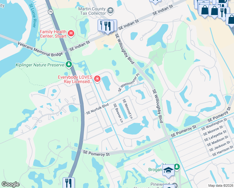 map of restaurants, bars, coffee shops, grocery stores, and more near 1195 Southeast Westminster Place in Stuart
