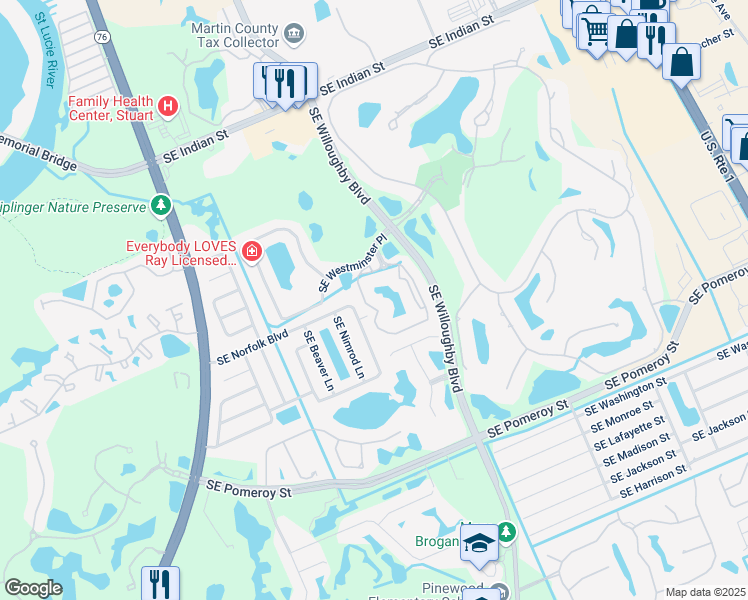 map of restaurants, bars, coffee shops, grocery stores, and more near 4248 Southeast Cove Lake Circle in Stuart