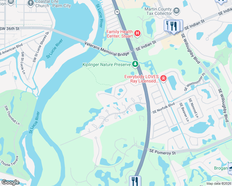 map of restaurants, bars, coffee shops, grocery stores, and more near 324 Southwest Otter Run Place in Stuart