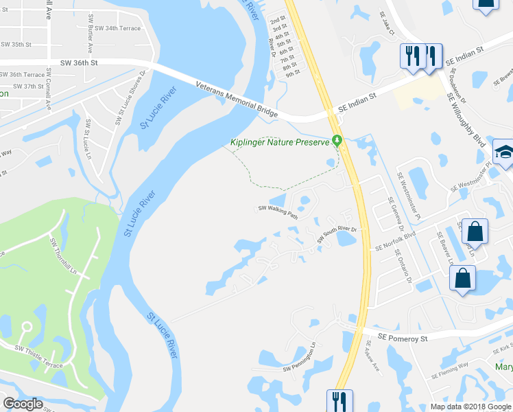 map of restaurants, bars, coffee shops, grocery stores, and more near 427 Southwest Walking Path in Stuart