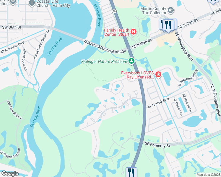 map of restaurants, bars, coffee shops, grocery stores, and more near 329 Southwest Otter Run Place in Stuart