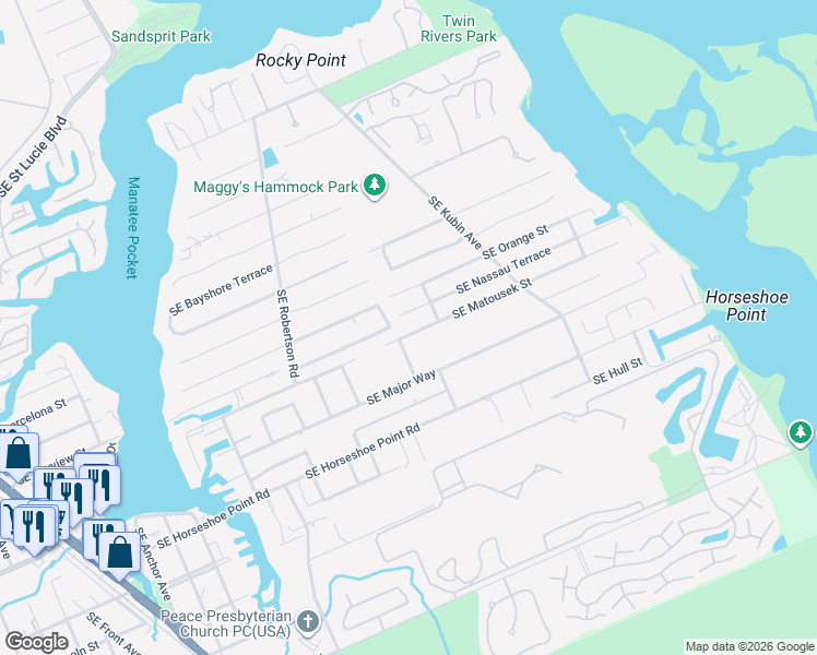 map of restaurants, bars, coffee shops, grocery stores, and more near 5105 Southeast Matousek Street in Stuart