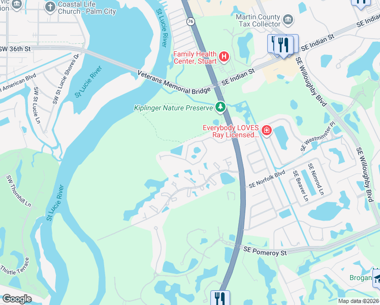 map of restaurants, bars, coffee shops, grocery stores, and more near 312 Southwest Otter Run Place in Stuart