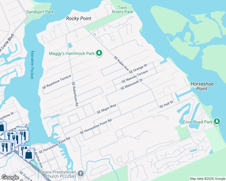 map of restaurants, bars, coffee shops, grocery stores, and more near 5216 Southeast Matousek Street in Stuart