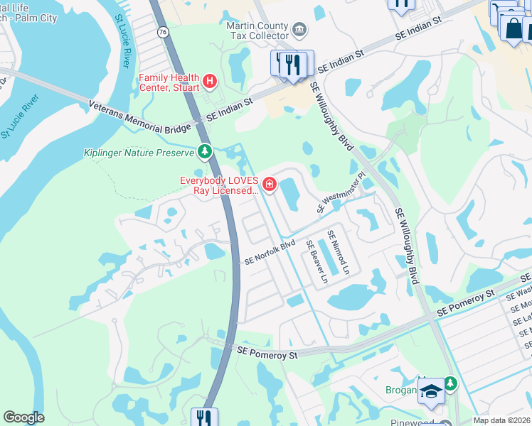 map of restaurants, bars, coffee shops, grocery stores, and more near 4391 Southeast Geneva Drive in Stuart